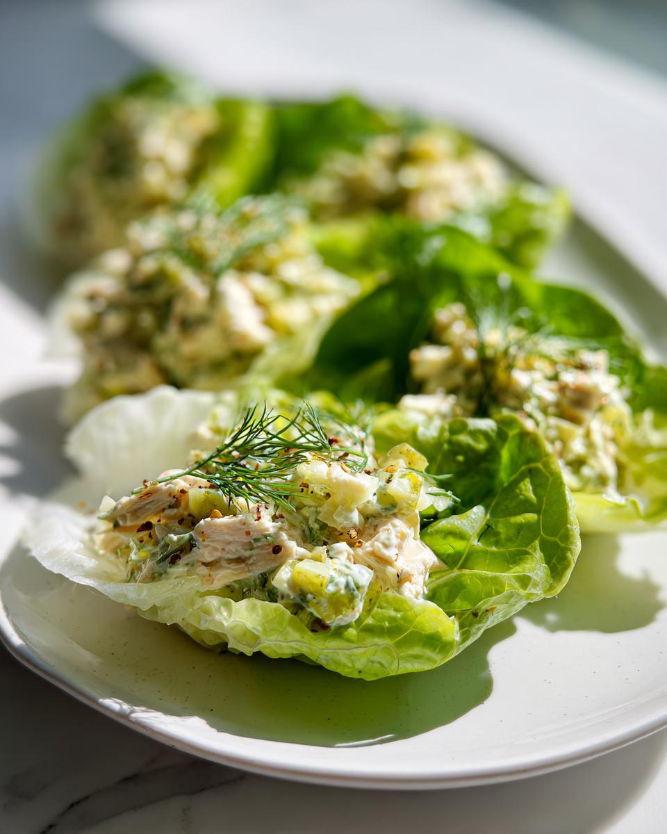 Close-up of dill pickle chicken salad served in crisp lettuce cups, garnished with fresh dill.