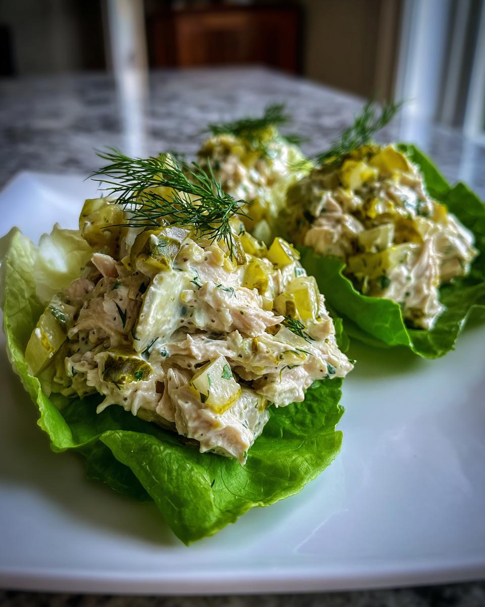 Three servings of dill pickle chicken salad scooped into crisp lettuce cups, garnished with fresh dill.