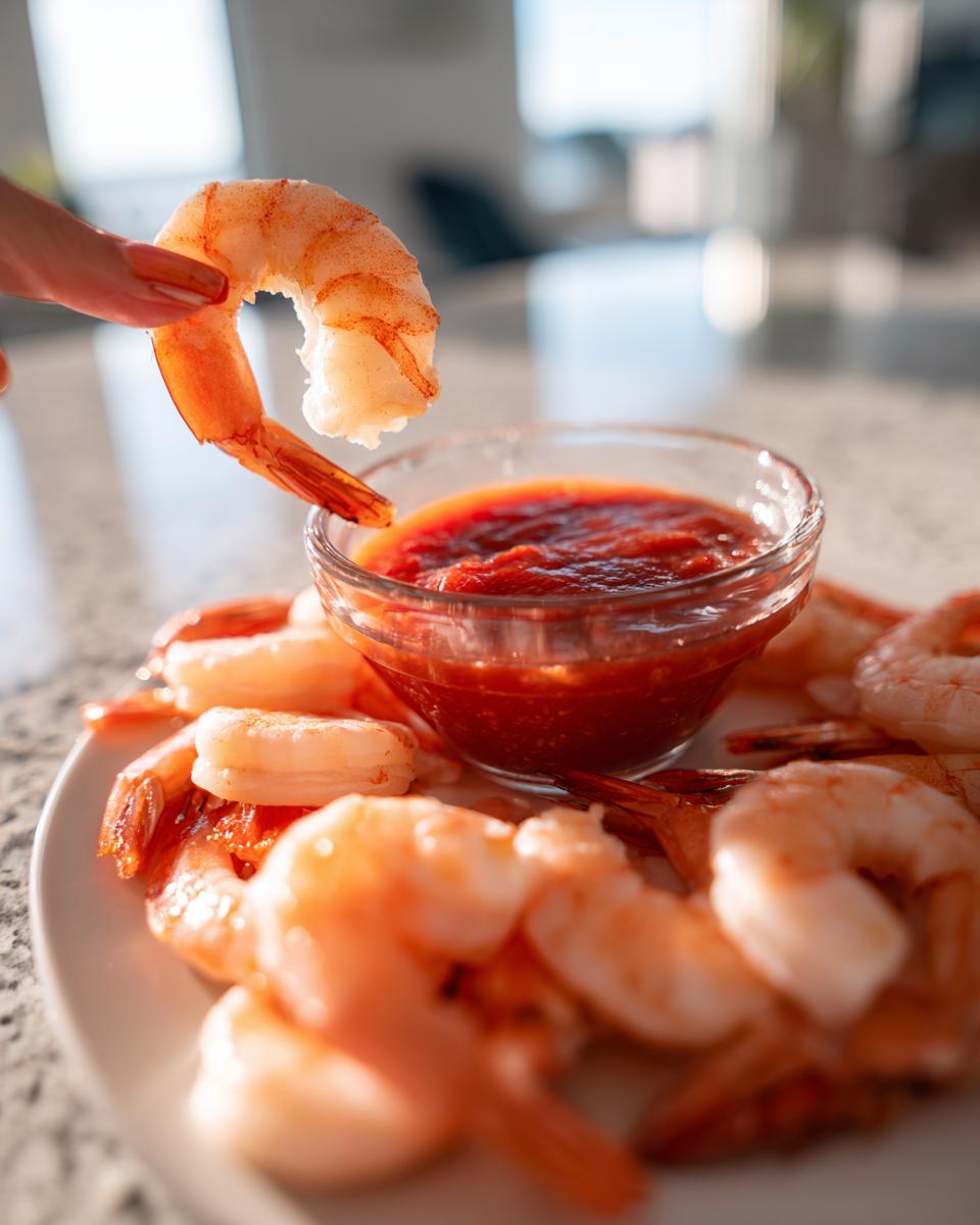 A hand dips a perfectly cooked shrimp into a small bowl of red sauce for shrimp cocktail.