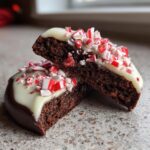 Close-up of a double chocolate peppermint cookie cut in half, showing rich dark interior, white frosting, and crushed candy canes.