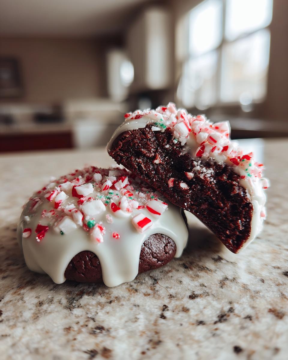 Close-up of a double chocolate peppermint cookie cut in half, showing the rich interior and white frosting with crushed candy canes.