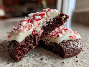 A rich, fudgy double chocolate peppermint cookie cut in half, showing the moist interior topped with white frosting and crushed candy canes.