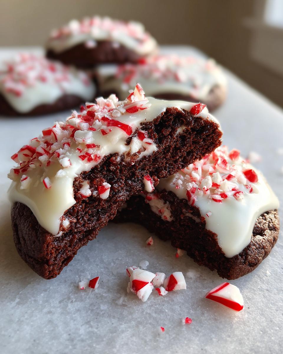 A double chocolate peppermint cookie cut in half showing the soft interior, topped with white frosting and crushed candy canes.