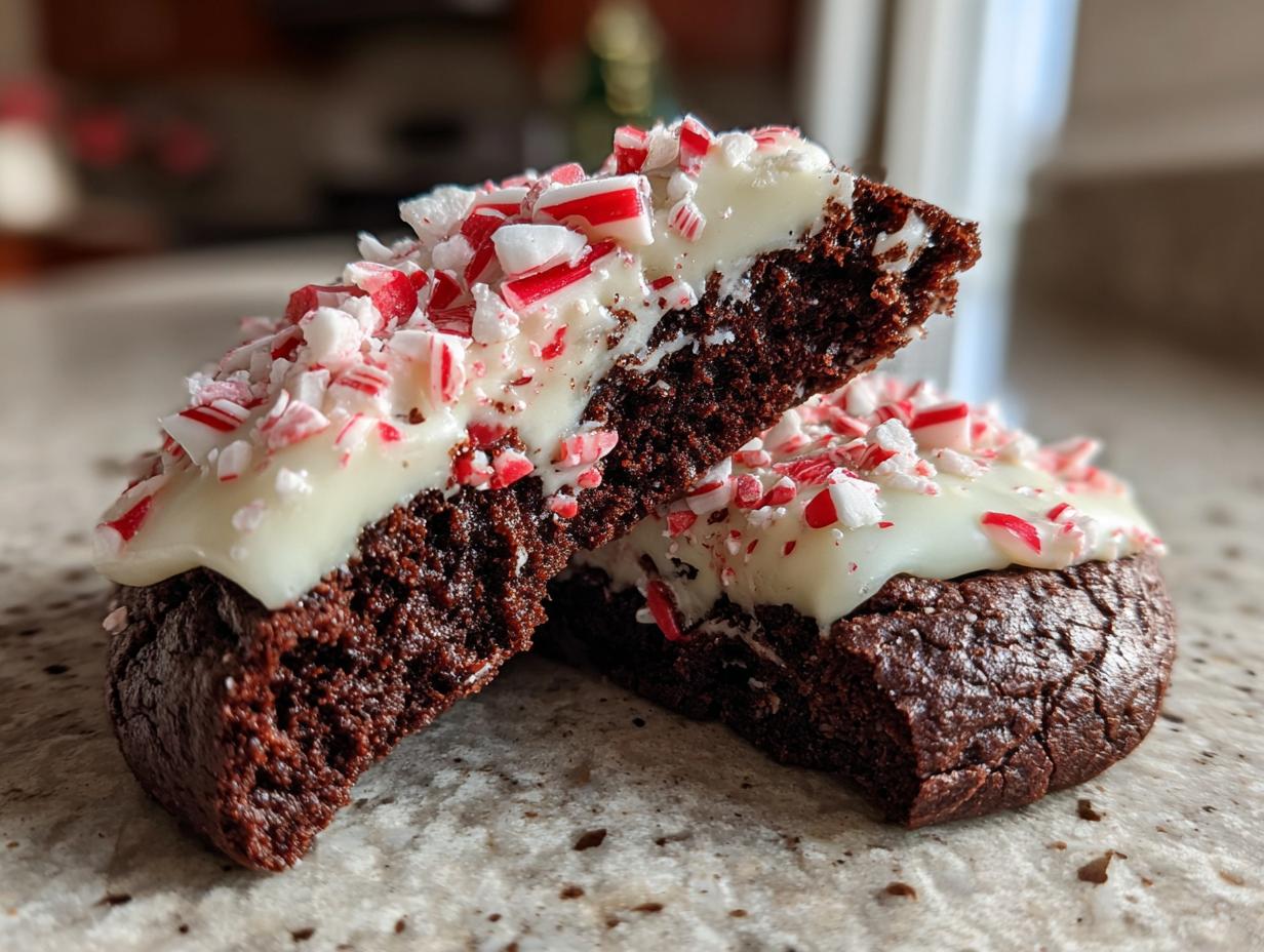A rich, fudgy double chocolate peppermint cookie cut in half, showing the moist interior topped with white frosting and crushed candy canes.