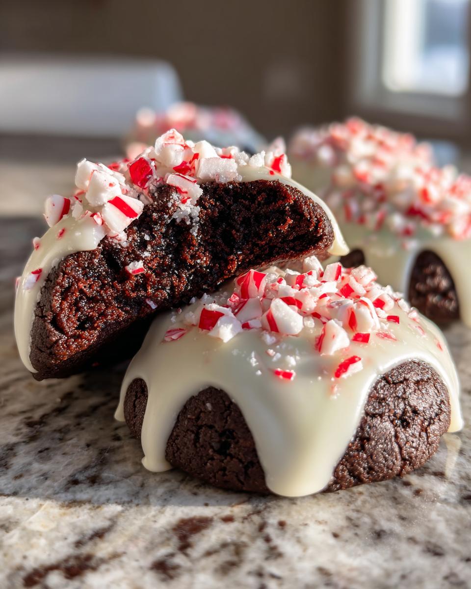 Close-up of a double chocolate peppermint cookie cut in half, showing the rich interior and white chocolate drizzle with crushed candy canes.