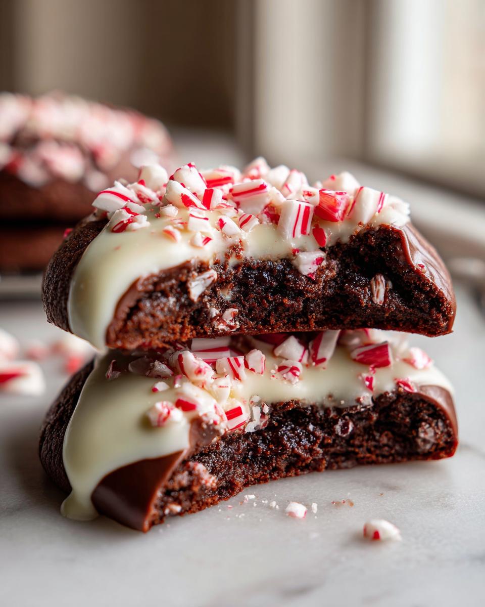 Close-up of two halves of a double chocolate peppermint cookie stacked, showing the rich interior and white chocolate drizzle with crushed candy canes.
