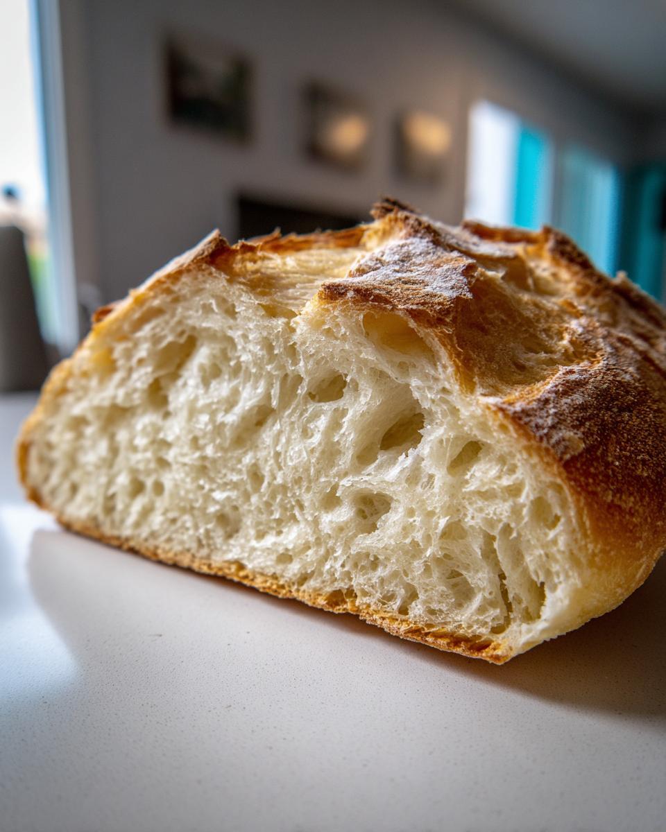 Cross-section view showing the open, airy crumb structure of a freshly baked italian bread loaf.