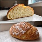 A split image showing the airy crumb and golden, flour-dusted crust of the easy italian bread.