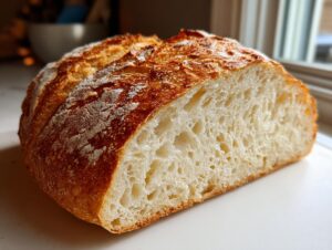 Close-up of a freshly baked italian bread loaf cut in half, showing a golden crust and airy crumb structure.