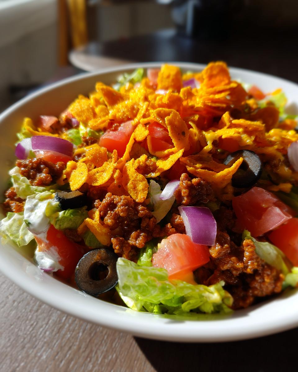 A close-up of an ultimate easy taco salad featuring seasoned ground beef, lettuce, tomatoes, red onion, olives, and crushed tortilla chips.