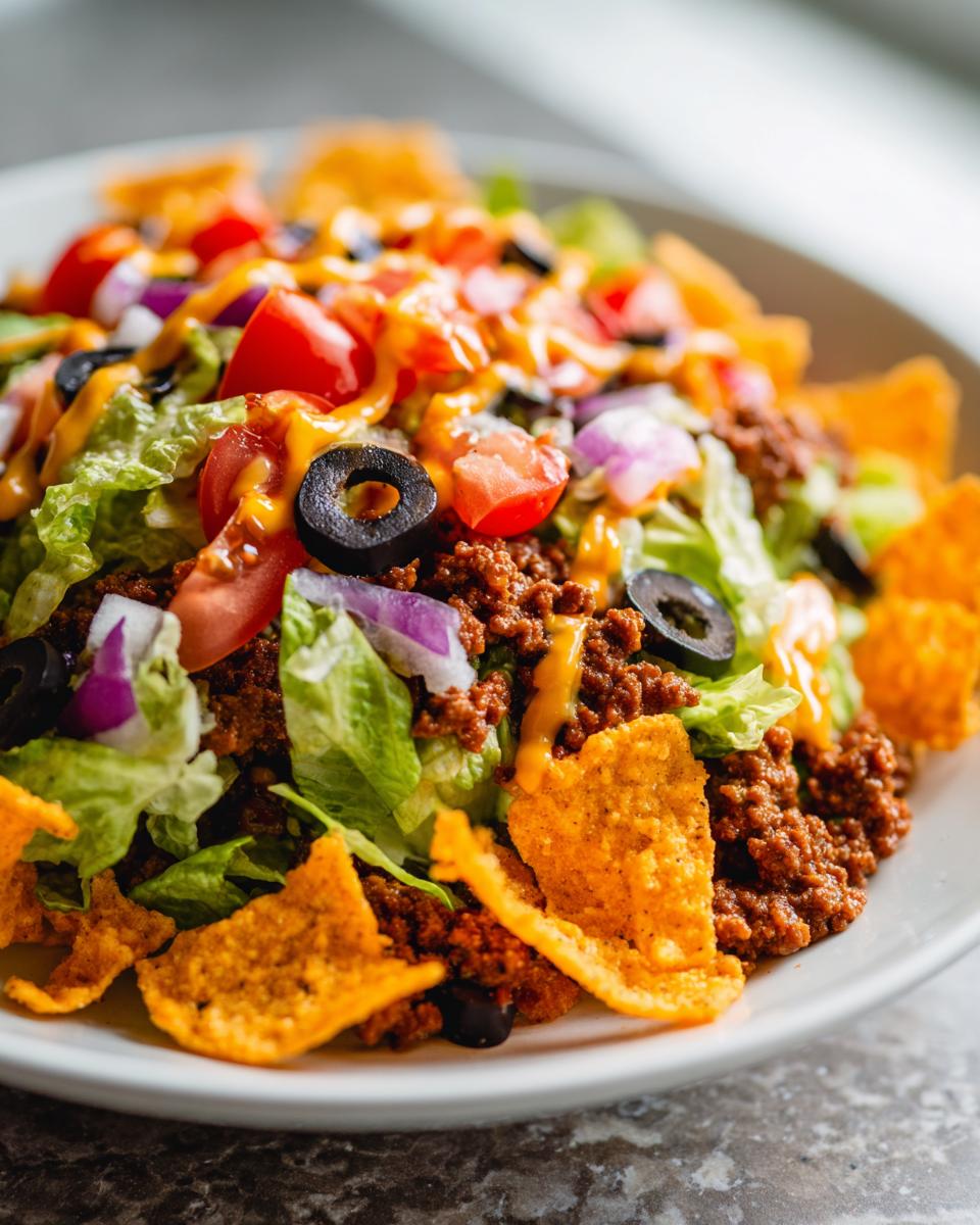 A close-up of a vibrant taco salad featuring seasoned ground beef, lettuce, tomatoes, olives, and cheese sauce over tortilla chips.