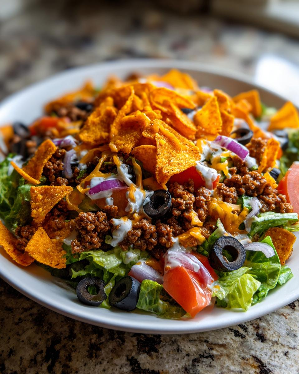 A vibrant, close-up view of an ultimate easy taco salad topped with seasoned ground beef, cheese, sour cream, and tortilla chips.
