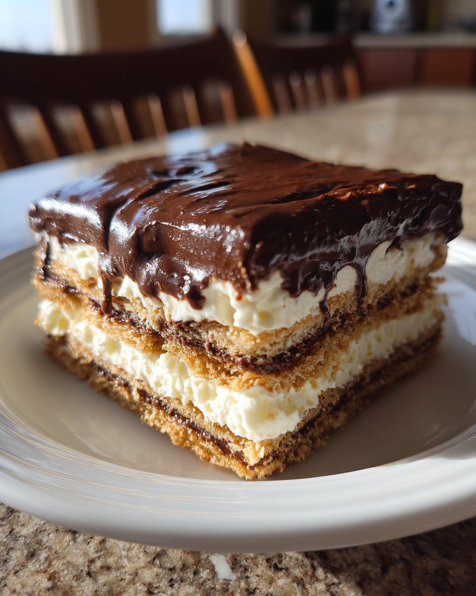 A square slice of eclair cake featuring layers of graham crackers, creamy filling, and rich chocolate frosting.