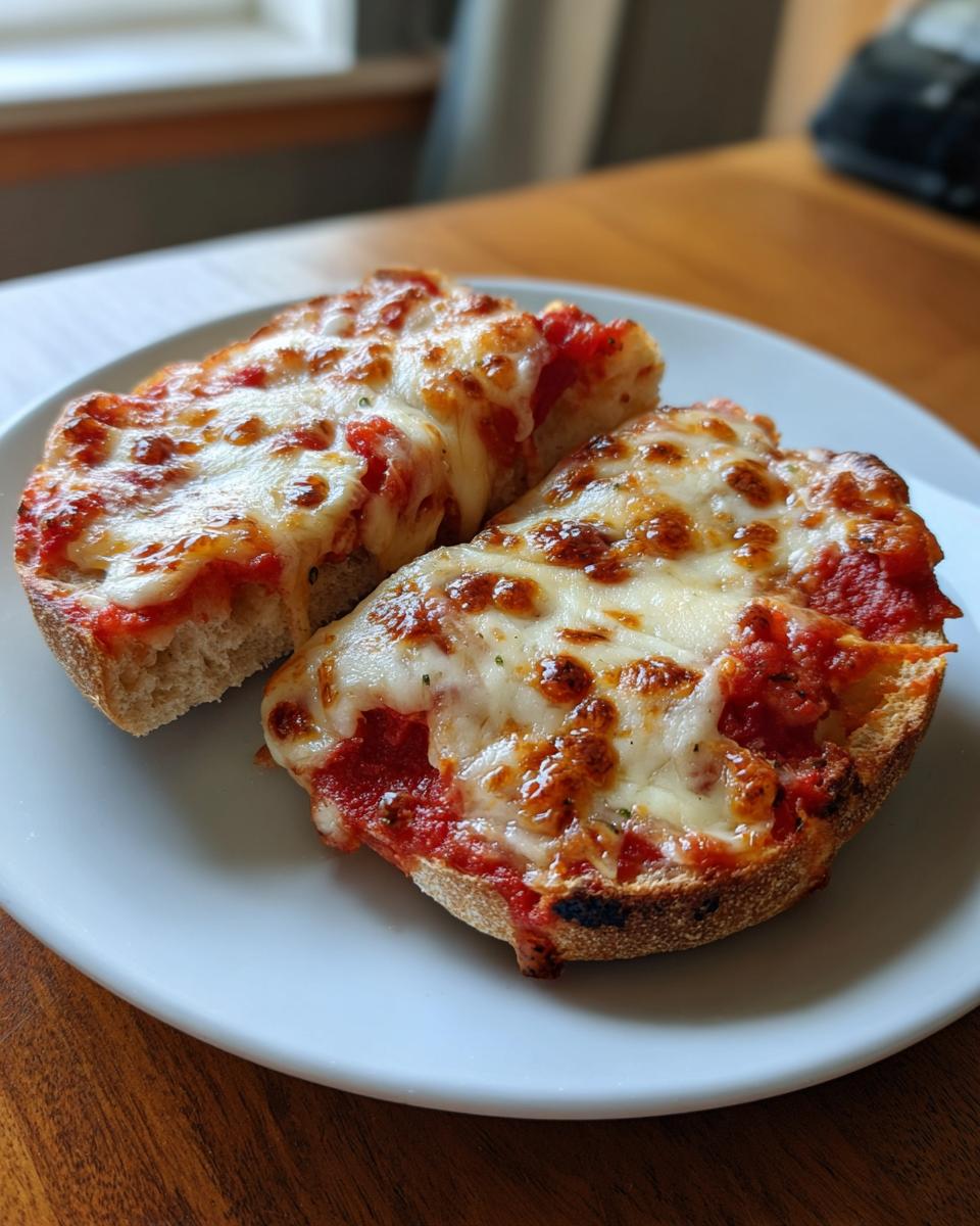 Two halves of an english muffin pizza topped with melted, slightly browned mozzarella cheese and tomato sauce.