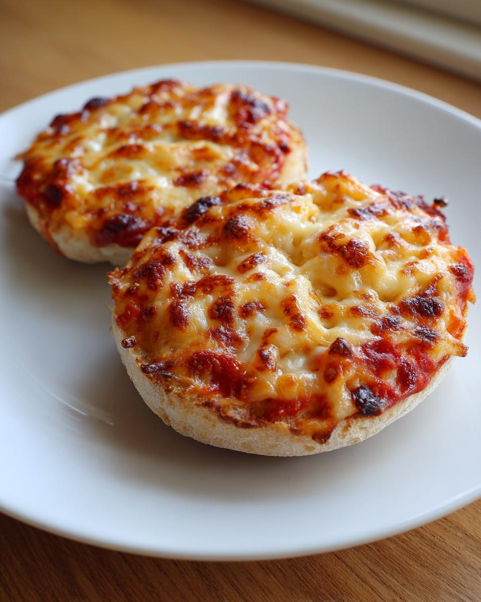 Two perfectly toasted english muffin pizza halves topped with melted, bubbly cheese and tomato sauce.