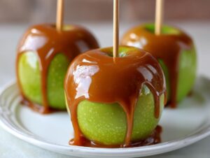 Three bright green Granny Smith apples dipped in thick, glossy caramel, creating a perfect caramel apple treat.