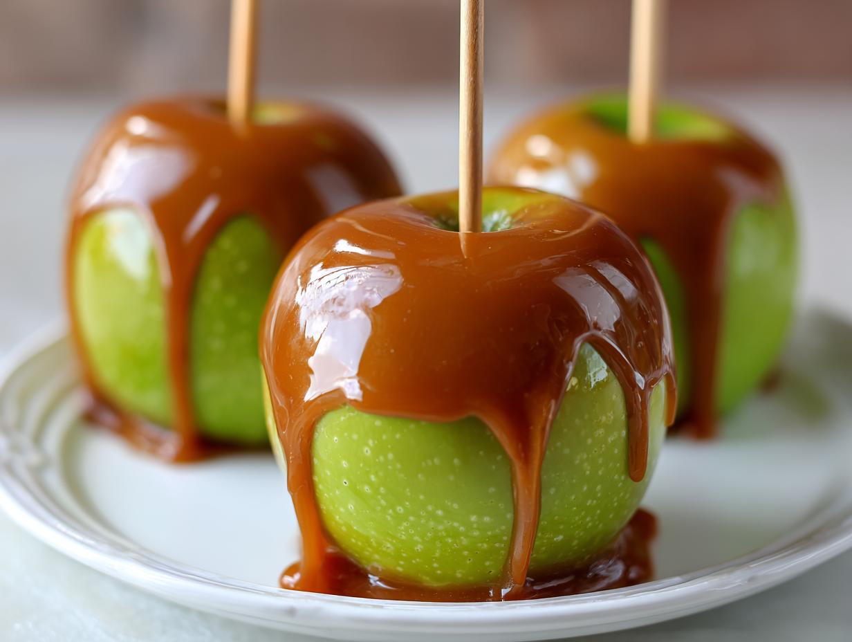Three bright green Granny Smith apples dipped in thick, glossy caramel, creating a perfect caramel apple treat.
