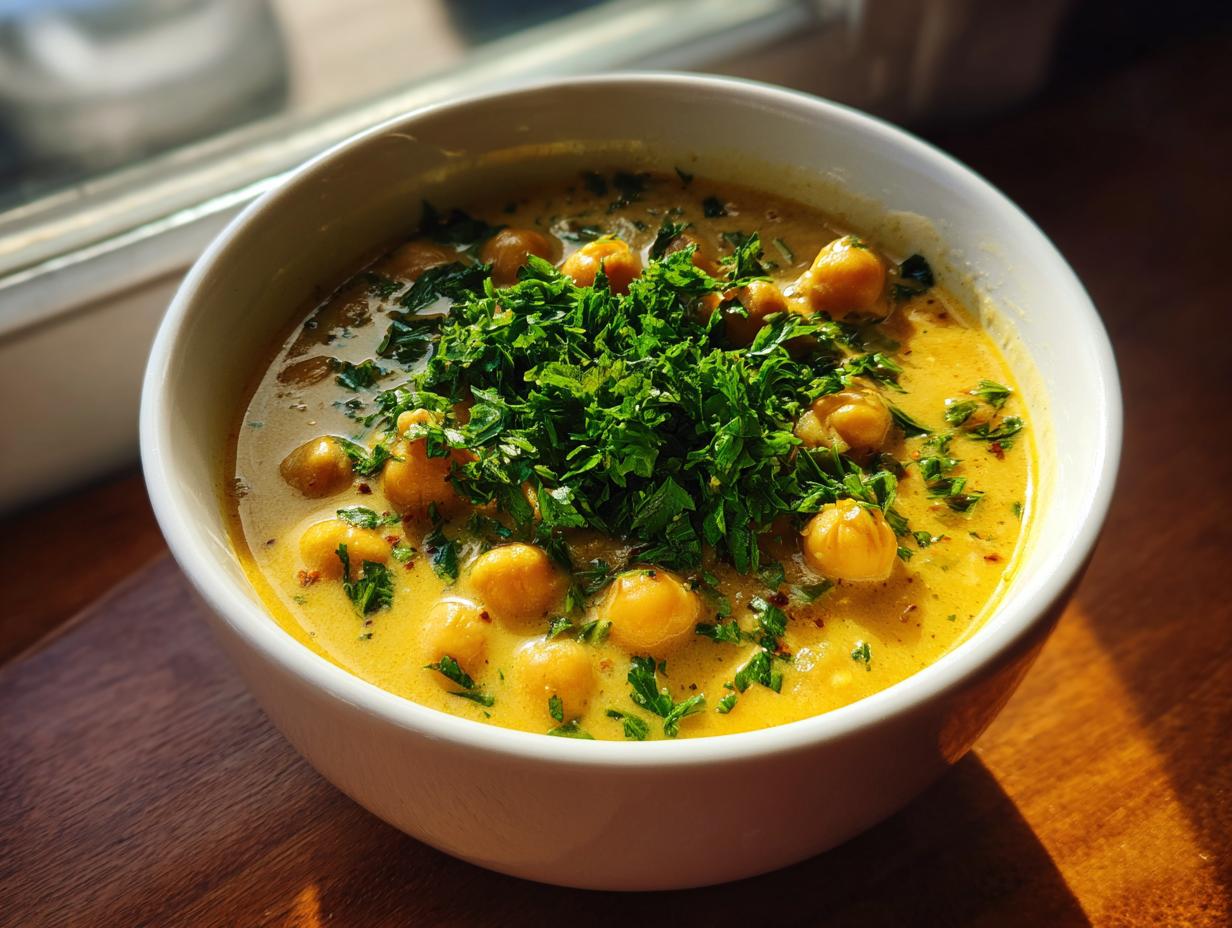 Close-up of a creamy, yellow chickpea soup bowl generously garnished with fresh chopped parsley.