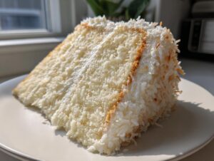 A close-up slice of moist coconut cake recipe, covered in white frosting and shredded coconut flakes, sitting on a white plate.