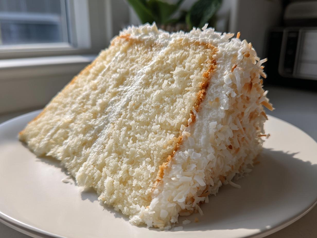 A close-up slice of moist coconut cake recipe, covered in white frosting and shredded coconut flakes, sitting on a white plate.