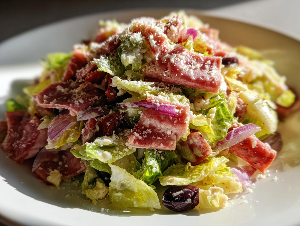 A vibrant, close-up shot of a delicious grinder salad featuring lettuce, sliced cured meats, red onion, and grated cheese.