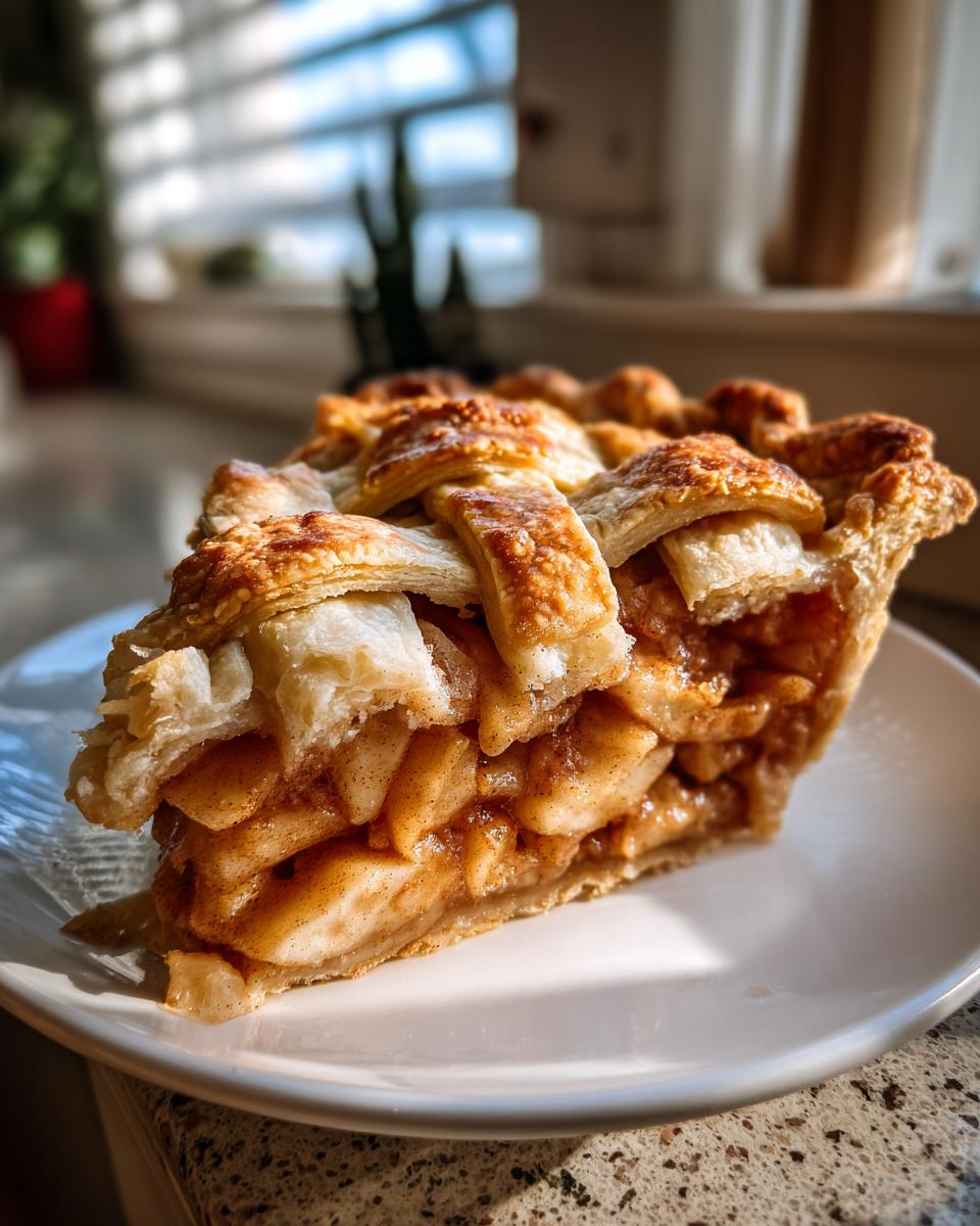 Close-up of a thick slice of apple pie recipe showing flaky lattice crust and cinnamon-spiced apple filling.