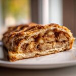 Close-up of a slice of golden, flaky apple strudel showing the spiced apple filling inside.