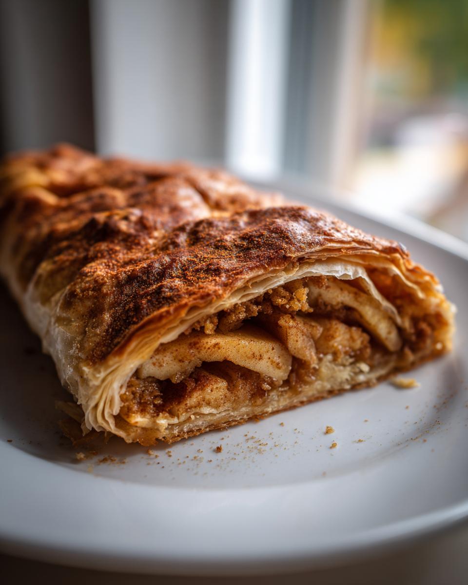 A cross-section of a freshly baked apple strudel showing layers of flaky pastry and spiced apple filling.