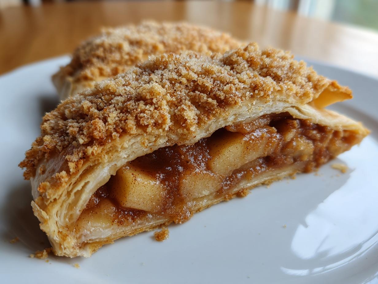 Close-up of a slice of flaky apple strudel showing spiced apple filling and a crunchy crumble topping.