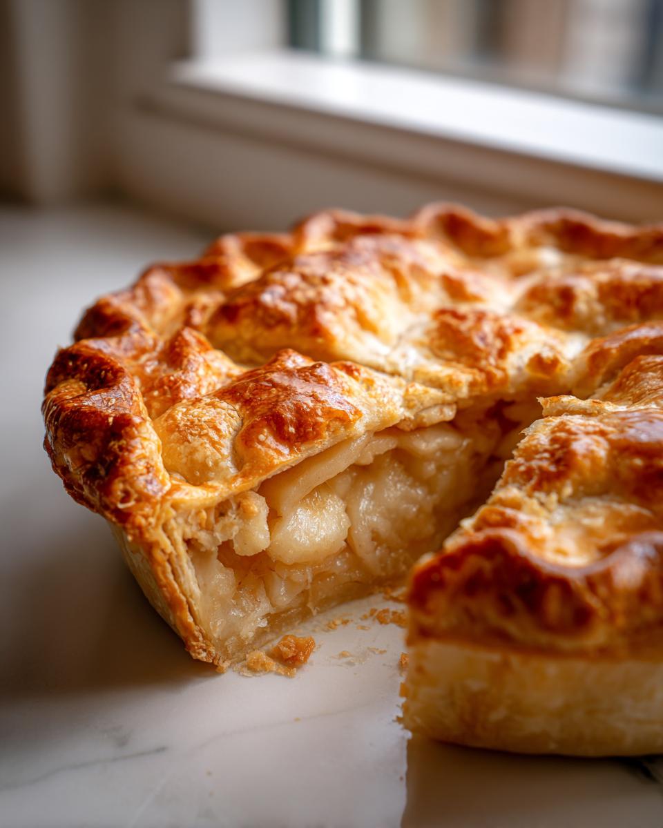 Close-up of a golden brown apple pie with a slice removed, showcasing the flaky butter pie crust and filling.