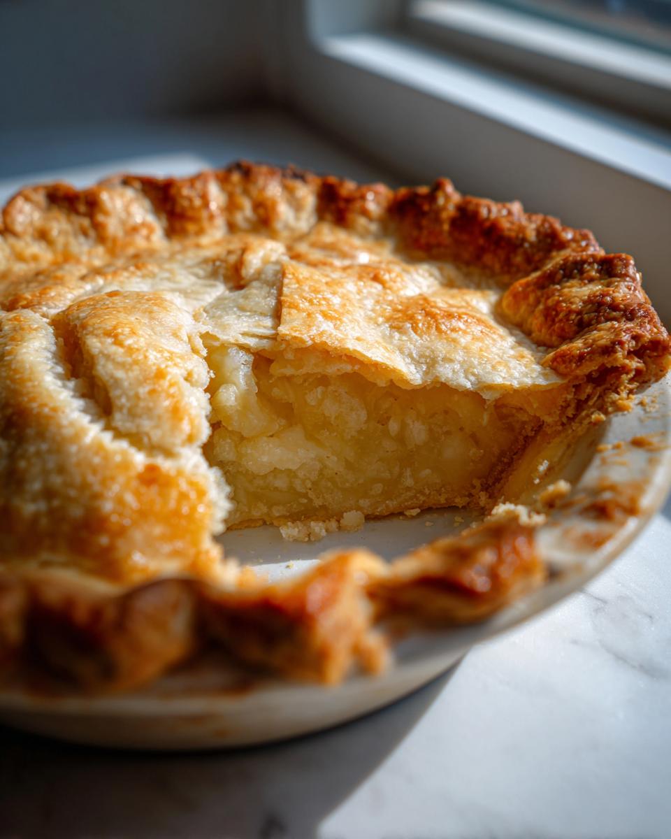 Close-up of a baked pie with a slice removed, showcasing the flaky, golden butter pie crust and apple filling.