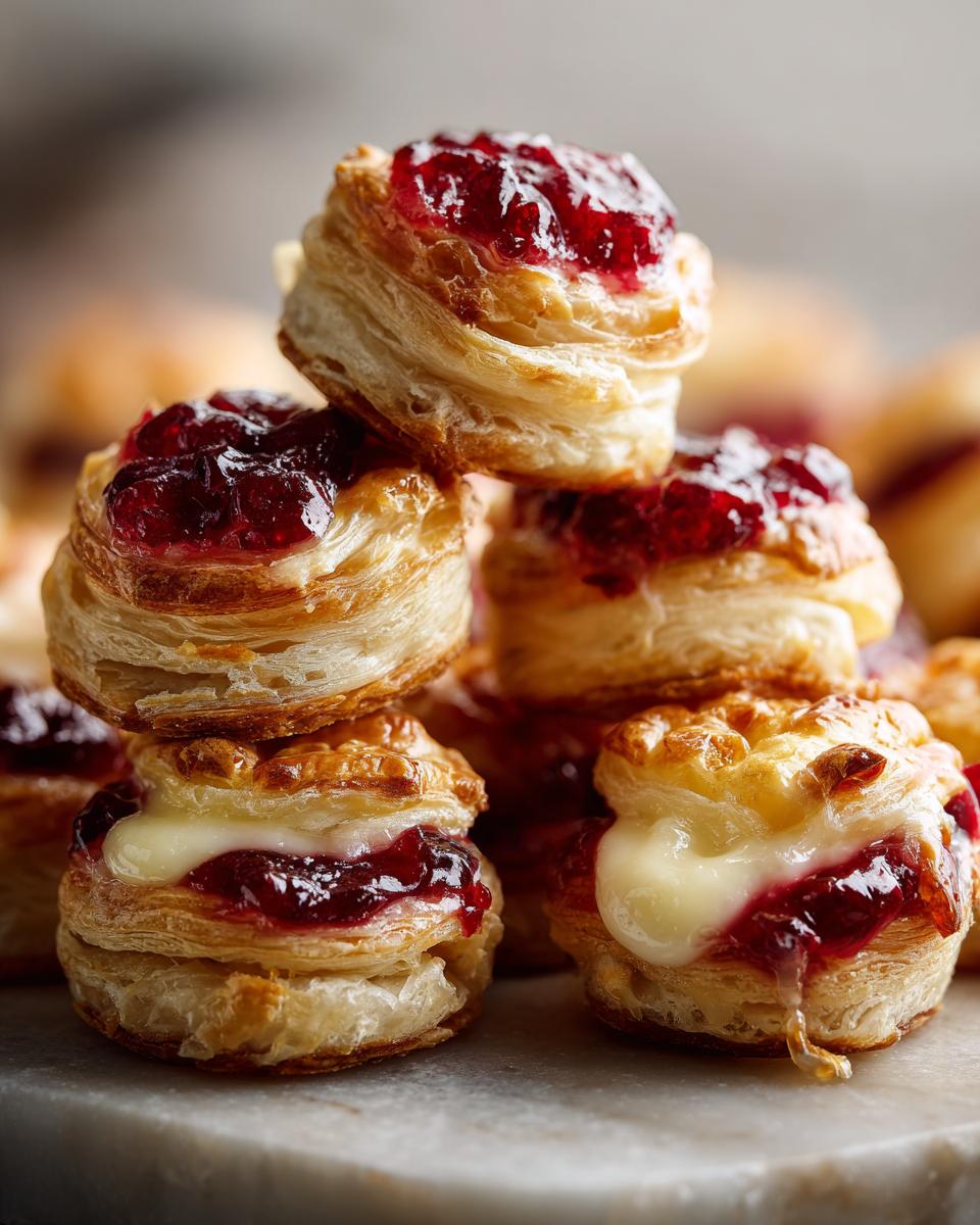 Close-up of flaky puff pastry cranberry brie bites stacked, showing melted brie cheese and bright red cranberry jam.