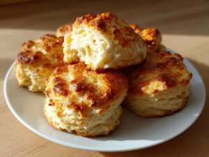 A stack of golden-brown, flaky homemade scones piled on a white plate, catching warm sunlight.