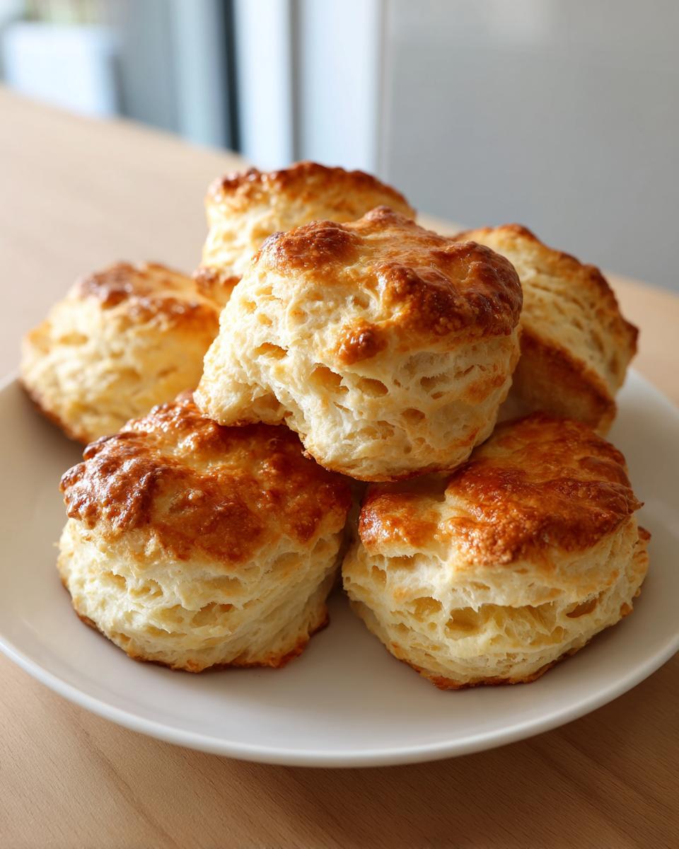 A stack of freshly baked, golden-brown, flaky scones piled high on a white plate.