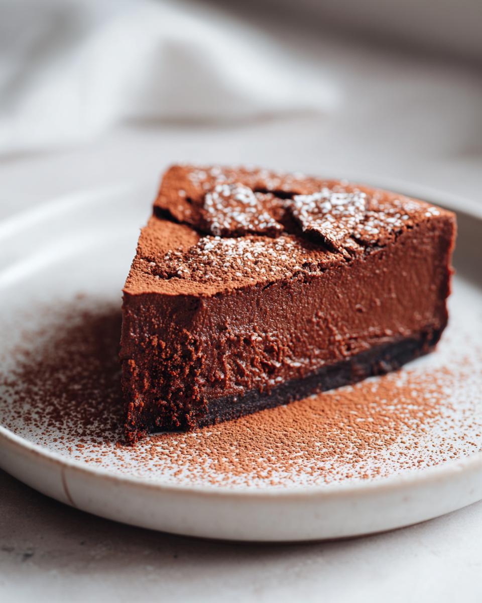 A decadent slice of flourless chocolate torte on a light plate, dusted with cocoa and powdered sugar.
