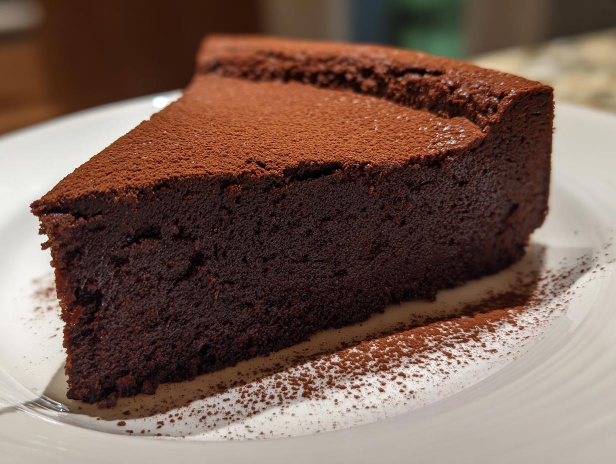 A thick, dark slice of flourless chocolate torte dusted generously with cocoa powder, resting on a white plate.