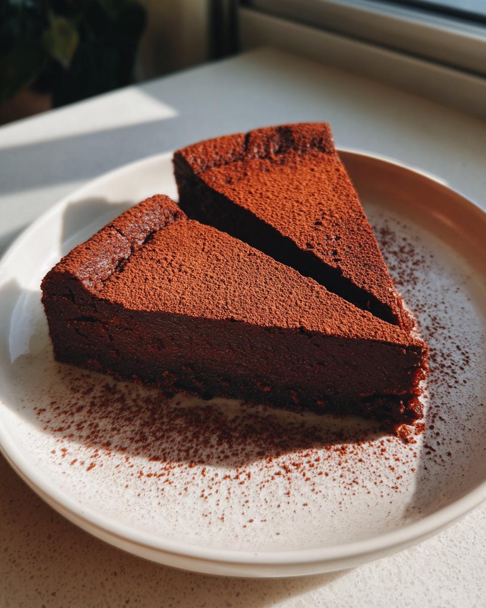 Two rich, dark slices of flourless chocolate torte dusted heavily with cocoa powder on a white plate.