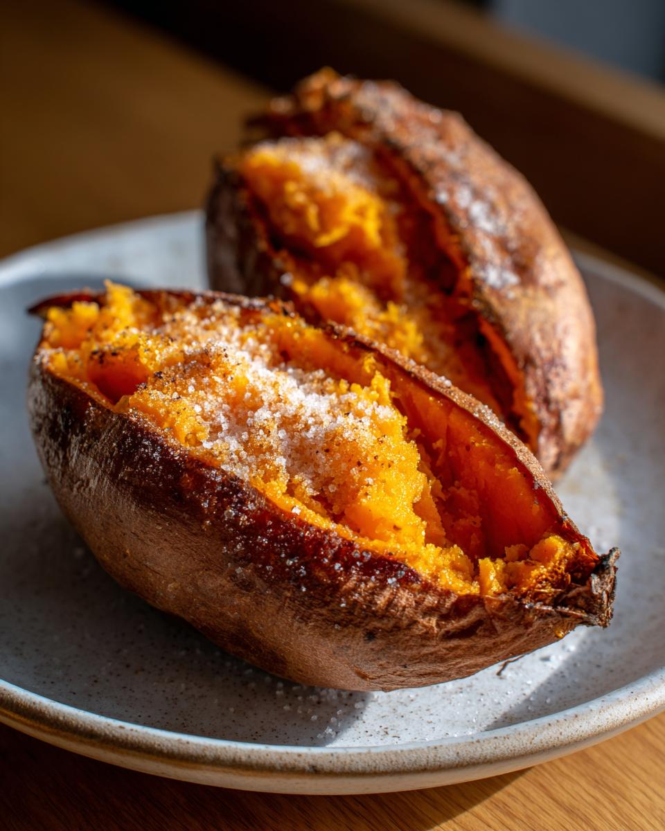Two halves of perfectly baked sweet potatoes, split open and topped with coarse salt.