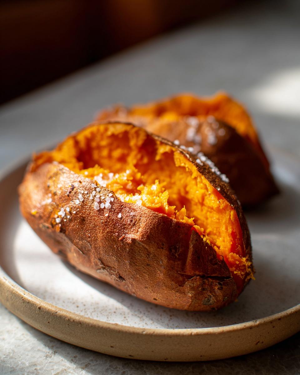 Close-up of two fluffy baked sweet potatoes, split open and sprinkled with coarse sea salt.