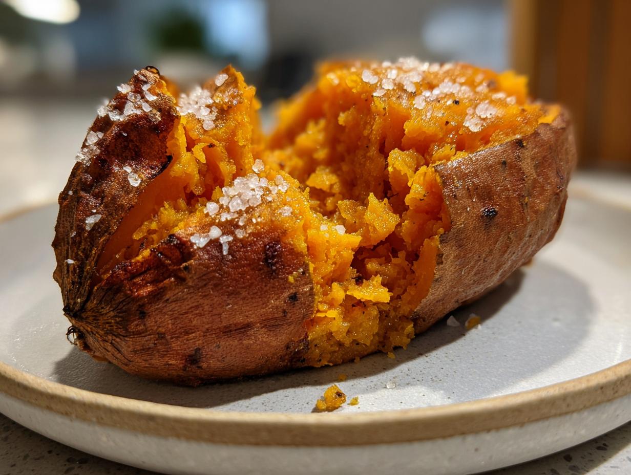 Close-up of a perfectly baked sweet potatoes, split open and topped with coarse sea salt crystals.