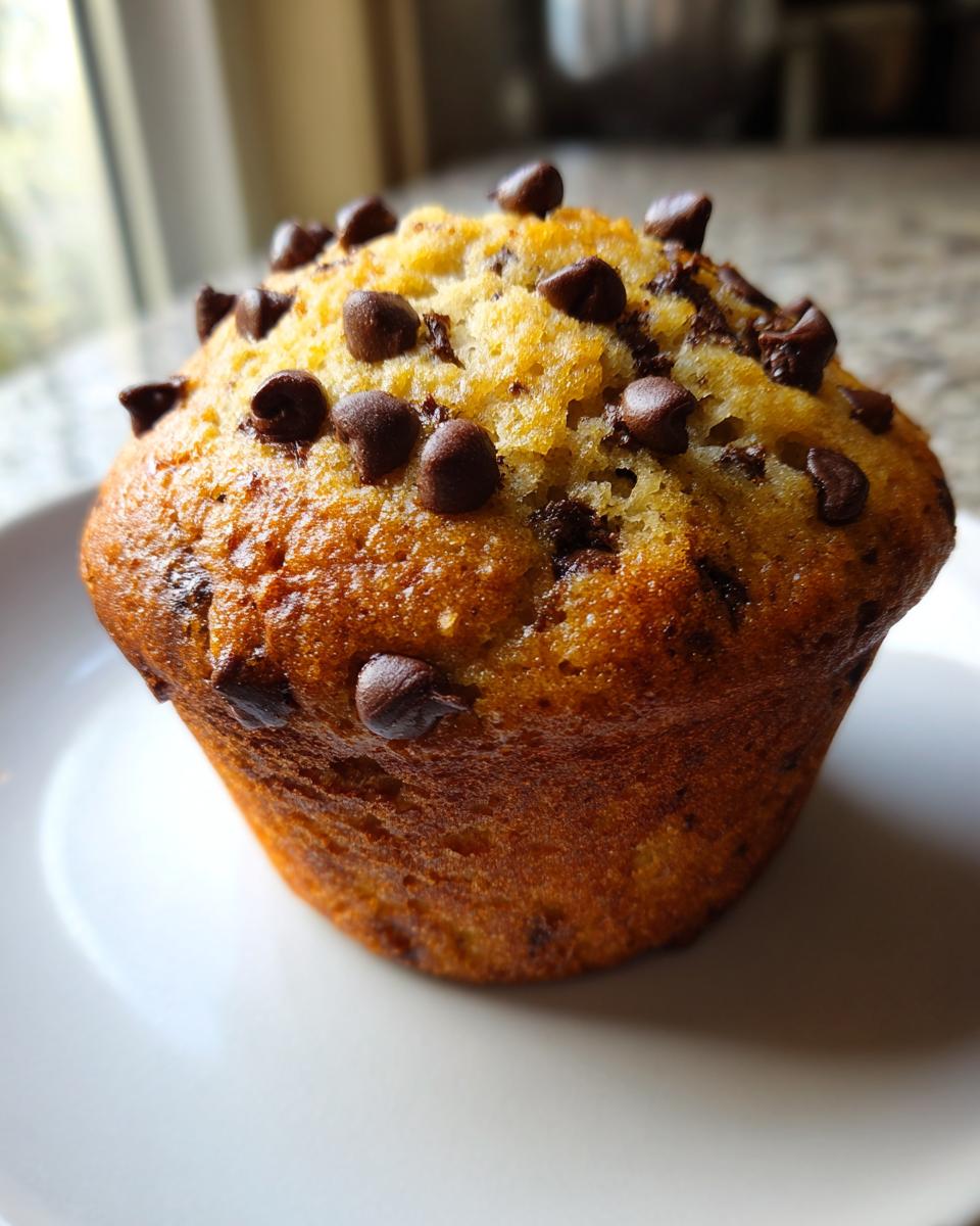 A close-up of a single, perfectly baked banana chocolate chip muffin topped with melted chocolate chips.