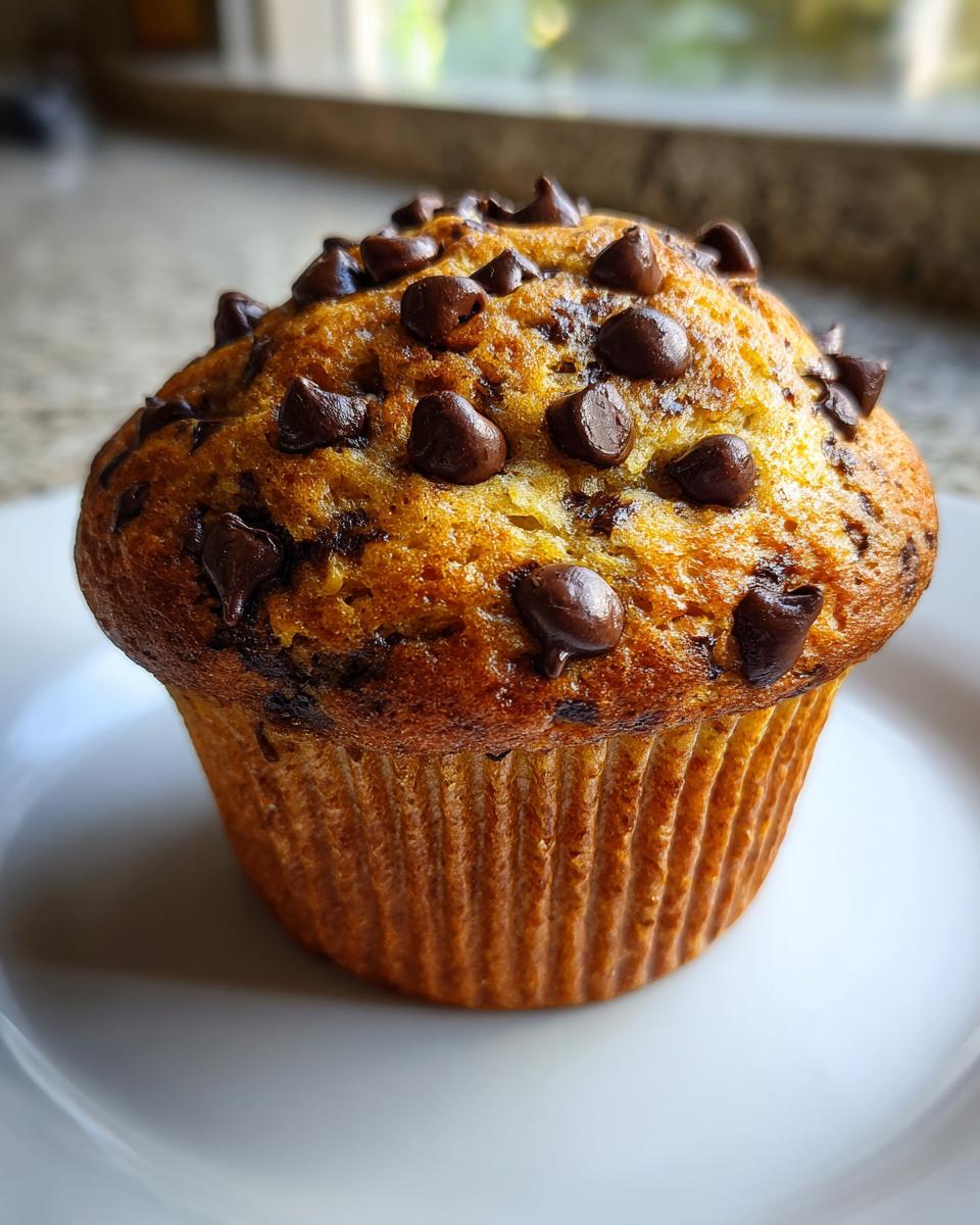A single, perfectly baked banana chocolate chip muffin with a golden-brown top covered in melted chocolate chips.