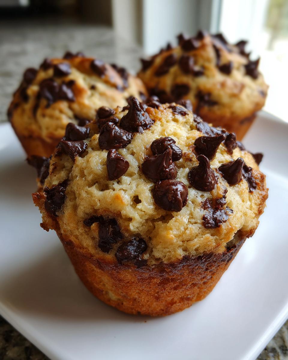 Close-up of three fluffy banana chocolate chip muffins generously topped with melted chocolate chips on a white plate.