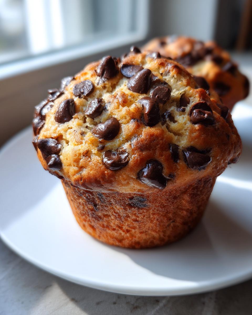 Close-up of a perfectly baked banana chocolate chip muffin with abundant melted chocolate chips on top.