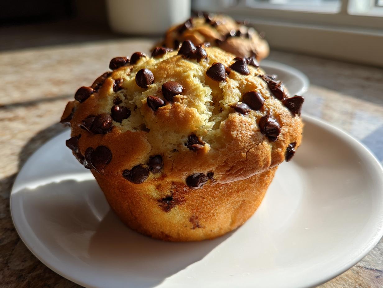 A close-up of a perfectly baked, fluffy banana chocolate chip muffin topped generously with melted chocolate chips.