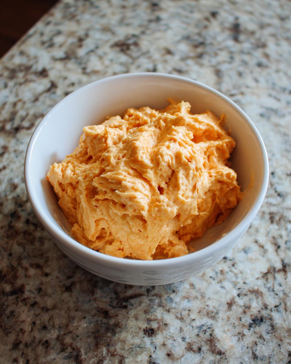 A white bowl filled with thick, fluffy orange beer cheese dip resting on a granite countertop.
