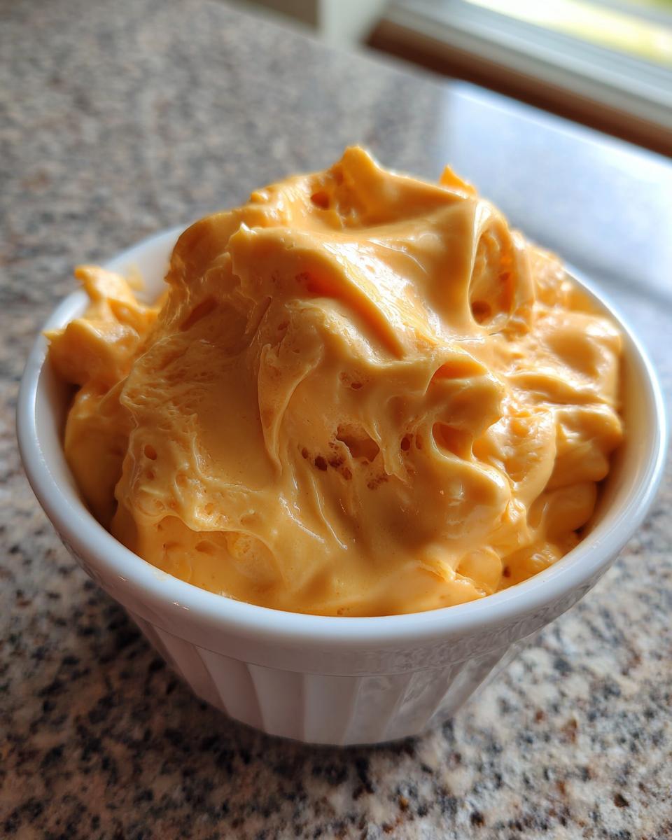 A close-up of fluffy, bright orange beer cheese dip served in a small white ramekin on a granite countertop.