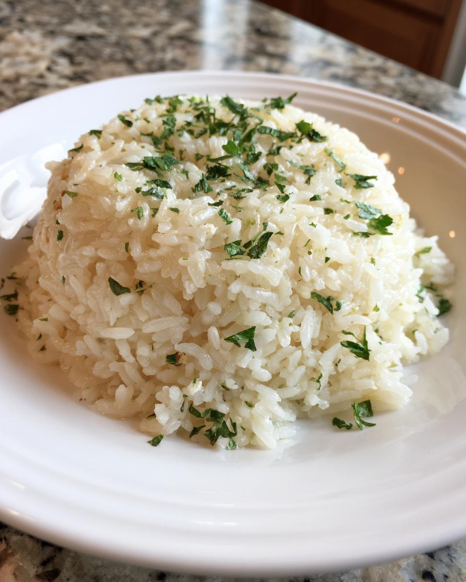 A mound of fluffy white garlic butter rice garnished generously with chopped fresh parsley on a white plate.