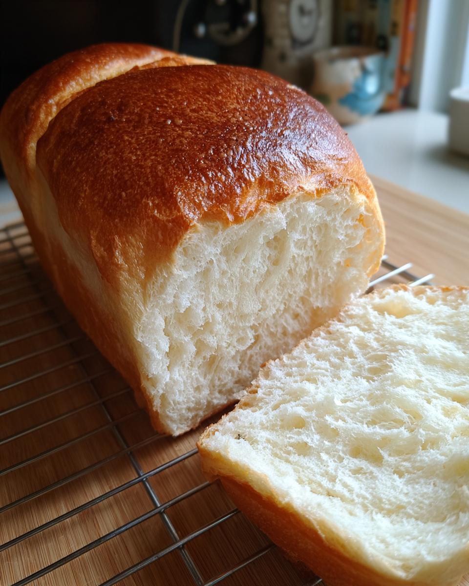 Close-up of a freshly baked japanese milk bread loaf with one slice cut, showing the soft, fluffy white crumb.