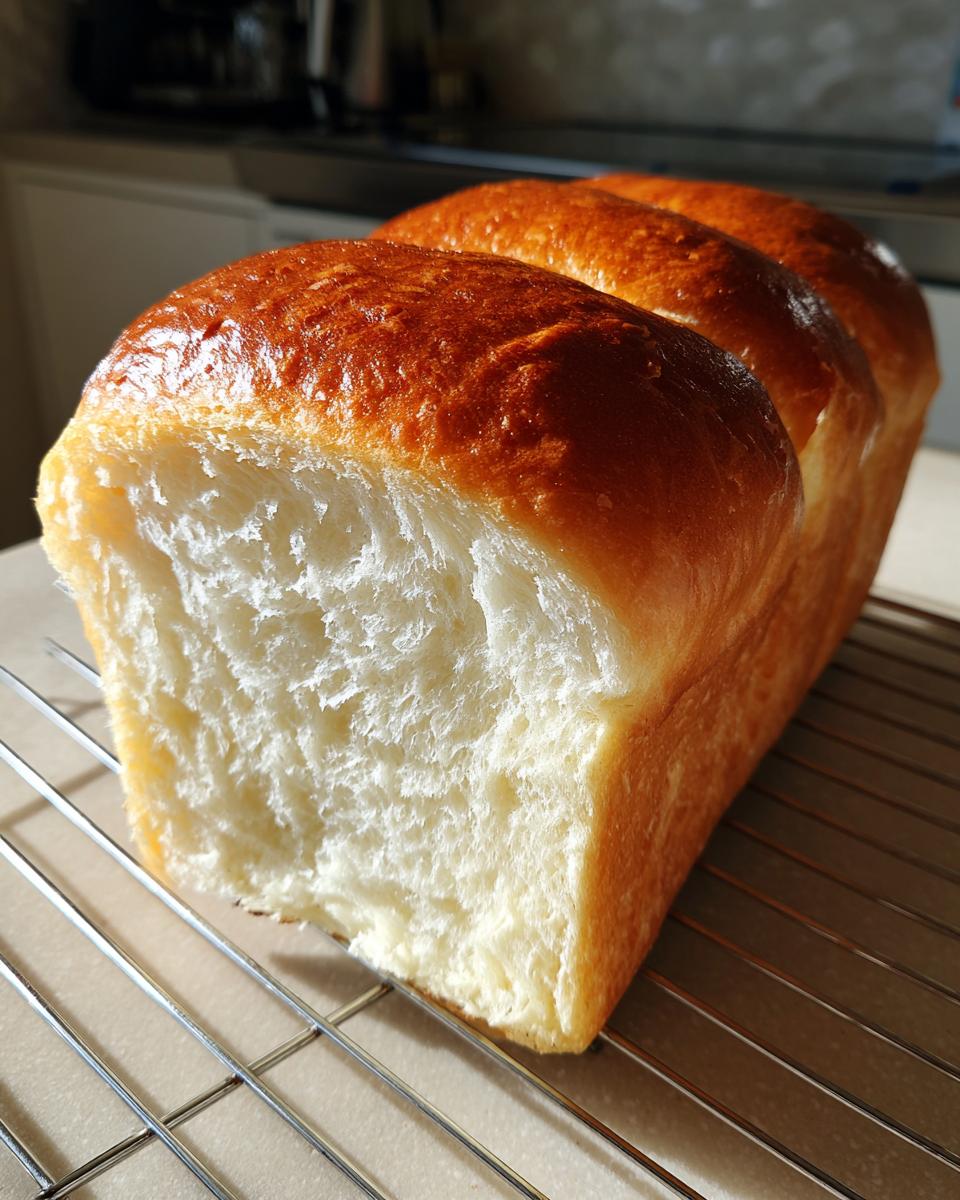 A freshly baked loaf of japanese milk bread with a rich golden crust, showing its soft, white interior while cooling on a wire rack.
